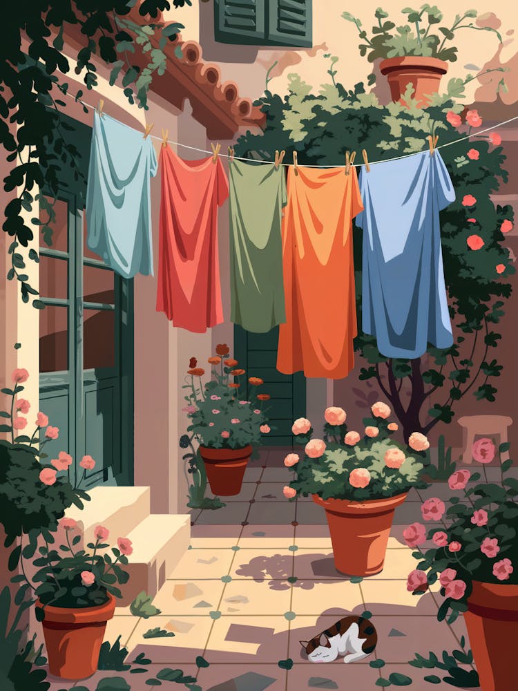 Laundry Hanging On A Clothesline under a cat