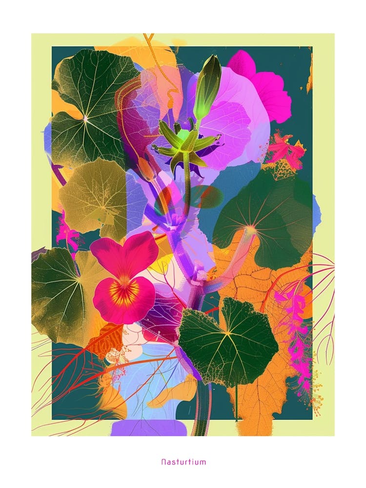 Nasturtium 4 Neon Flower Collage Poster