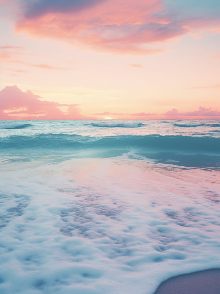 A Blue Ocean And Beach At Sunset With Waves Pink Photography 3