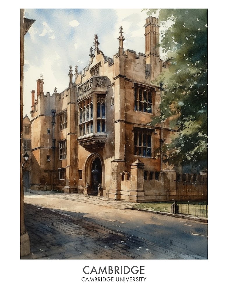 Cambridge University 7 Affiche de Voyage à l'Aquarelle