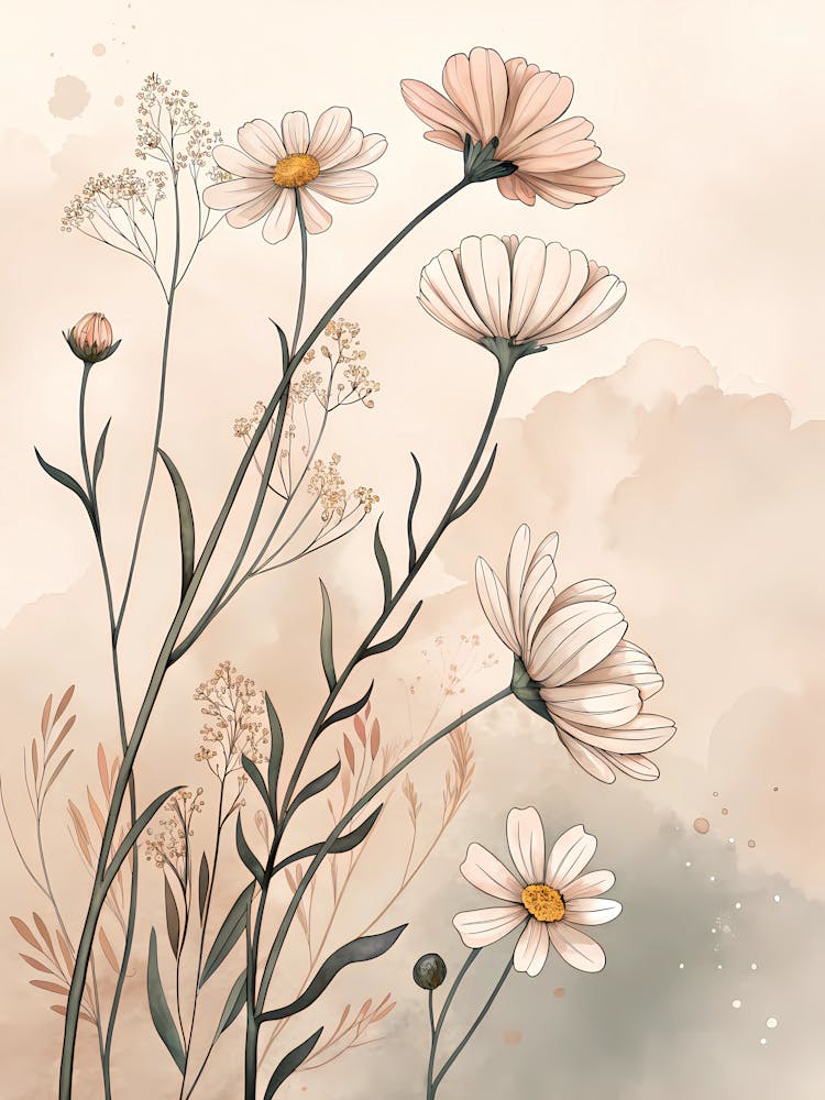 Oil Painting Style Daisy & Wildflower Line Art Minimalist Floral Sketch