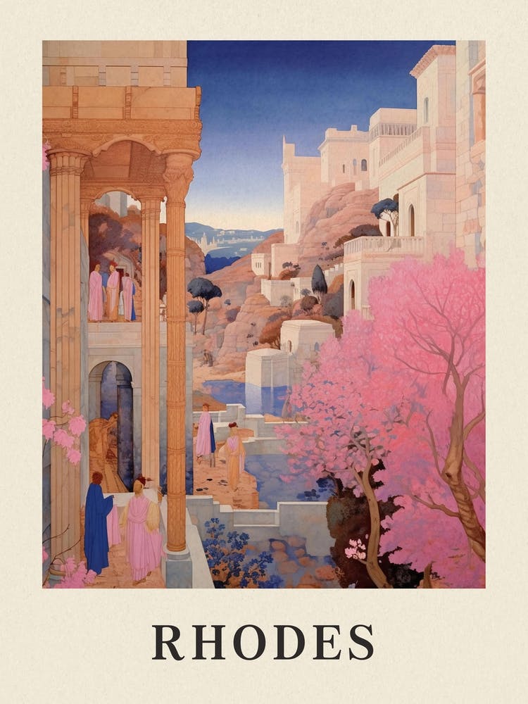 Rhodes Greece 4 Vintage Pink Travel Illustration Poster