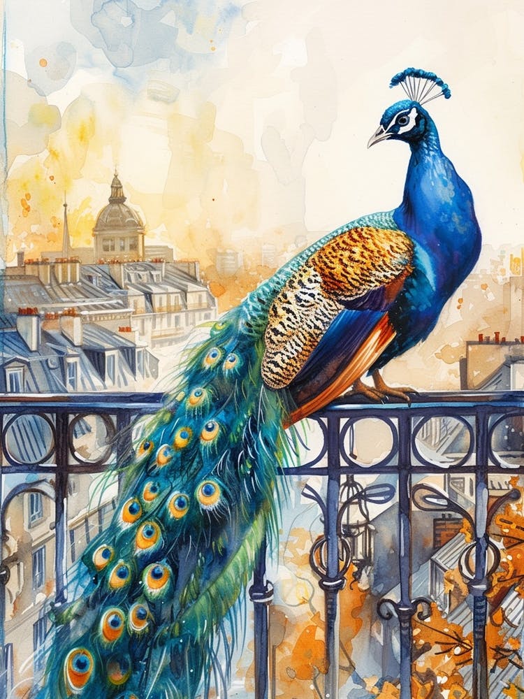 Watercolour Peacock On An Iron Balcony 1