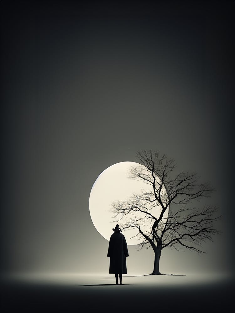 Silhouette of a Lone Figure Under the Full Moon