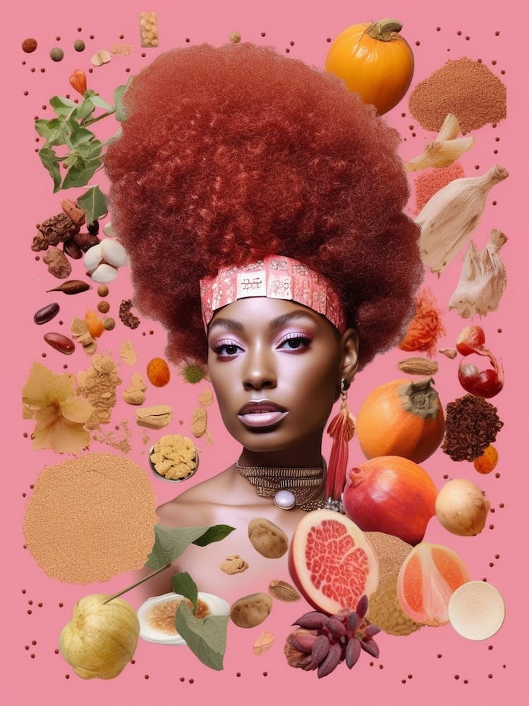 Afro-Collage-Porträt Rosa Früchte 12
