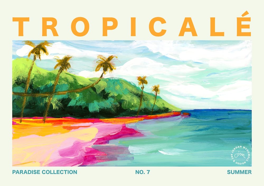 Colorful Tropical Beach And Palm Trees Typography