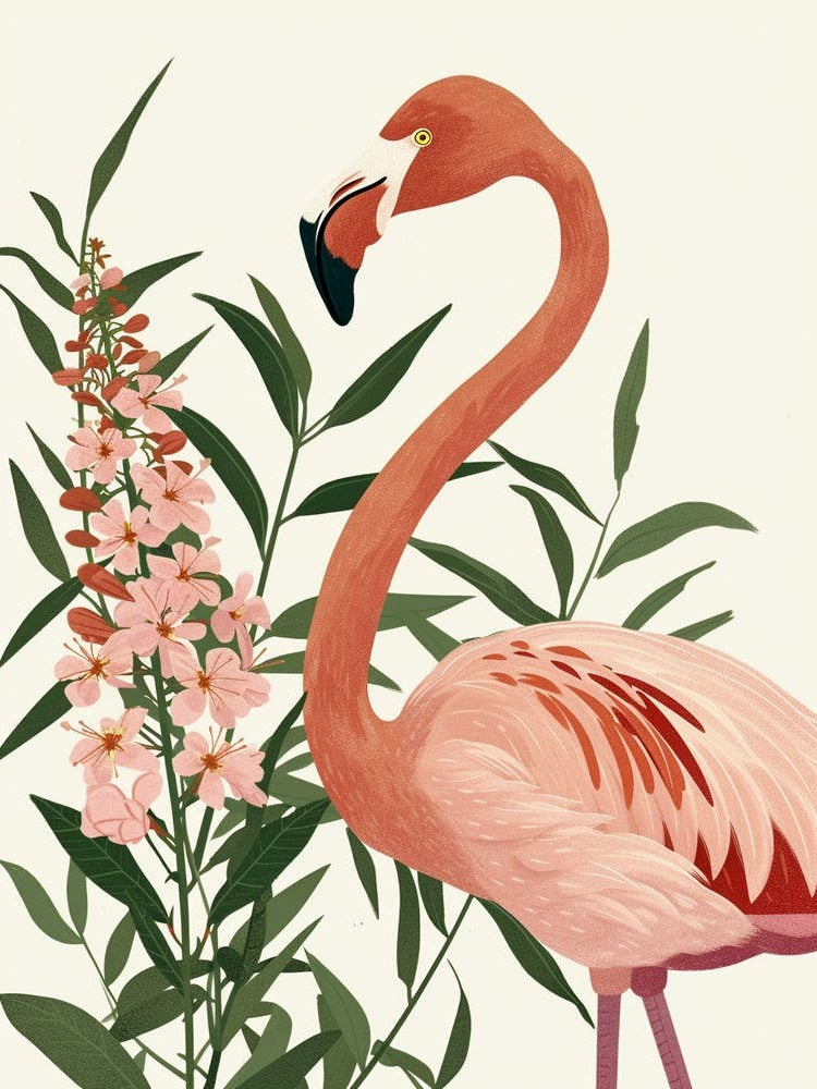American Flamingo And Oleander Minimalist Illustration 4