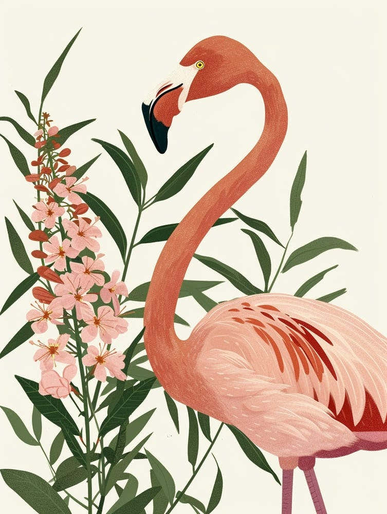 American Flamingo And Oleander Minimalist Illustration 4