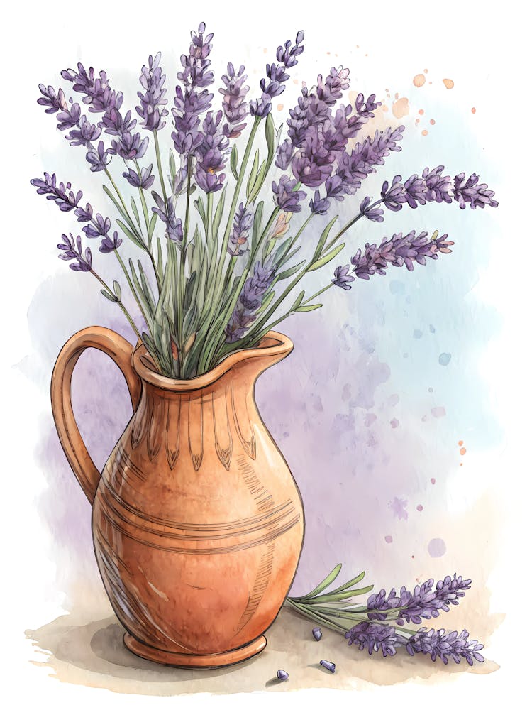 Terracotta Lavender Jug Watercolor Still Life