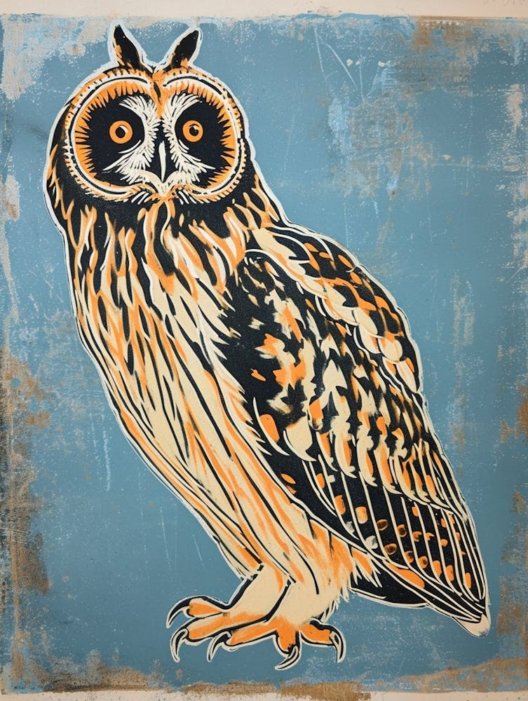 Short Eared Owl Linocut Blockprint 3