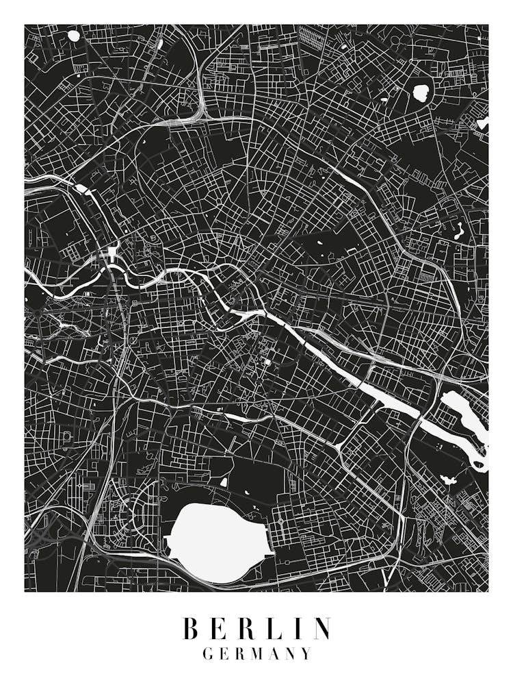 Berlin Germany Minimal Black Mono Street Map