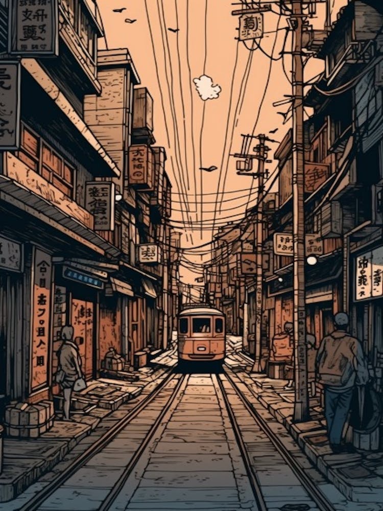 Painting Of Tokyo  In The Style Of Line Art 3