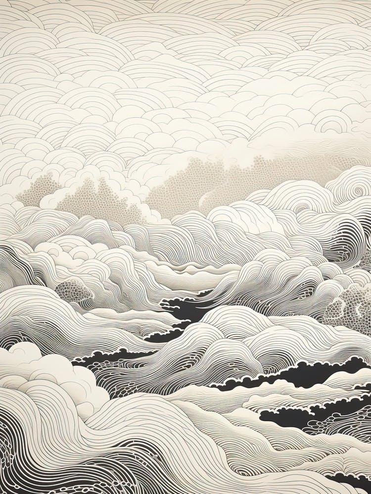 Chugoku Mountains In Multiple Prefectures, Ukiyo E Black And White Line Art Drawing 2
