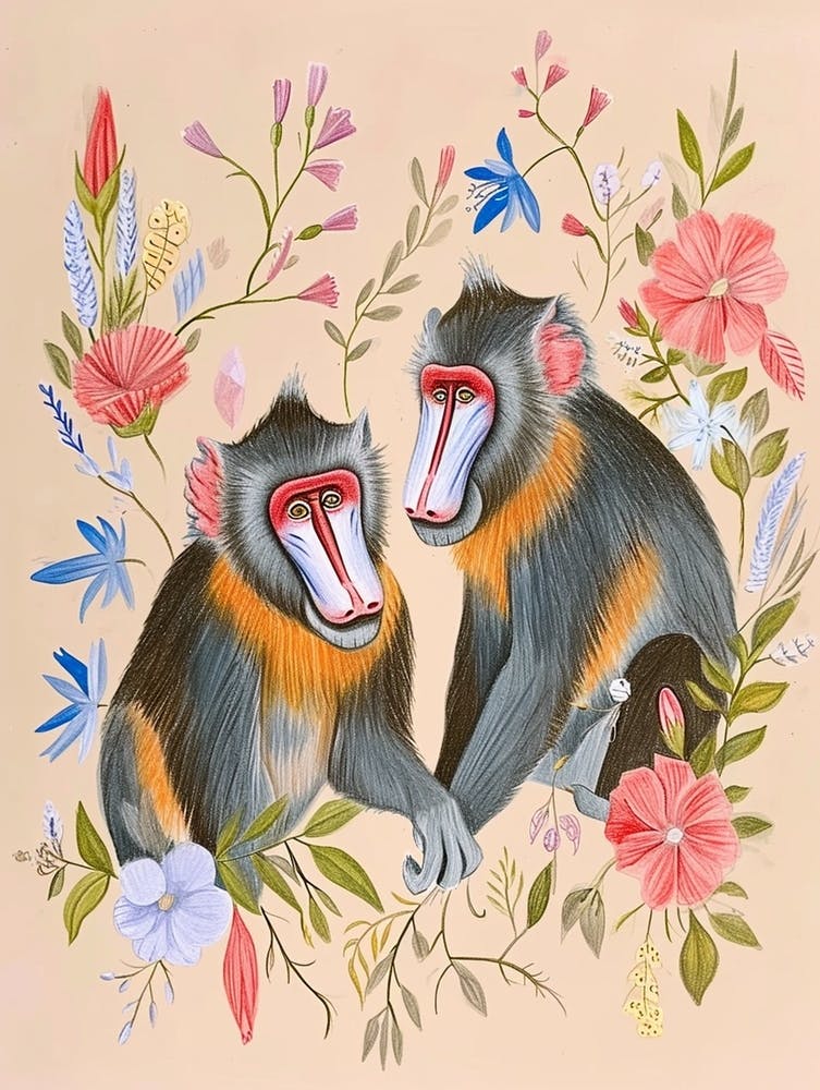 Folksy Floral Animal Drawing Baboon 3