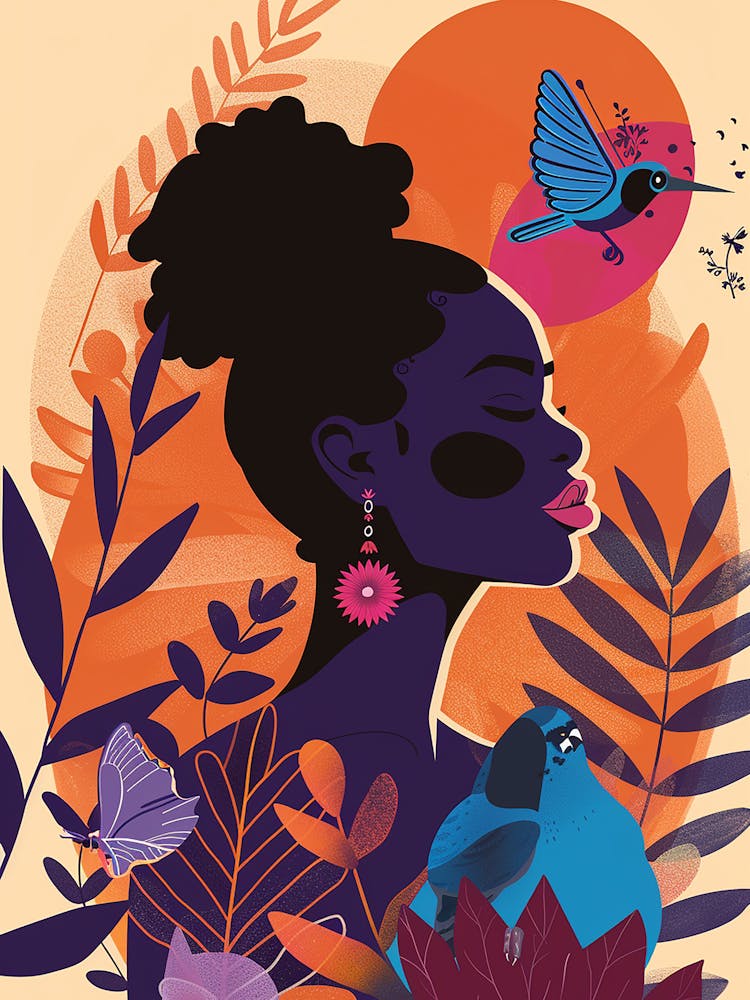 Silhouette Of African Woman with Hummingbird - abstract art, abstract painting  city wall art, colorful wall art, home decor, minimal art, modern wall art, wall art, wall decoration, wall print colourful wall art, decor wall art, digital art, digital art