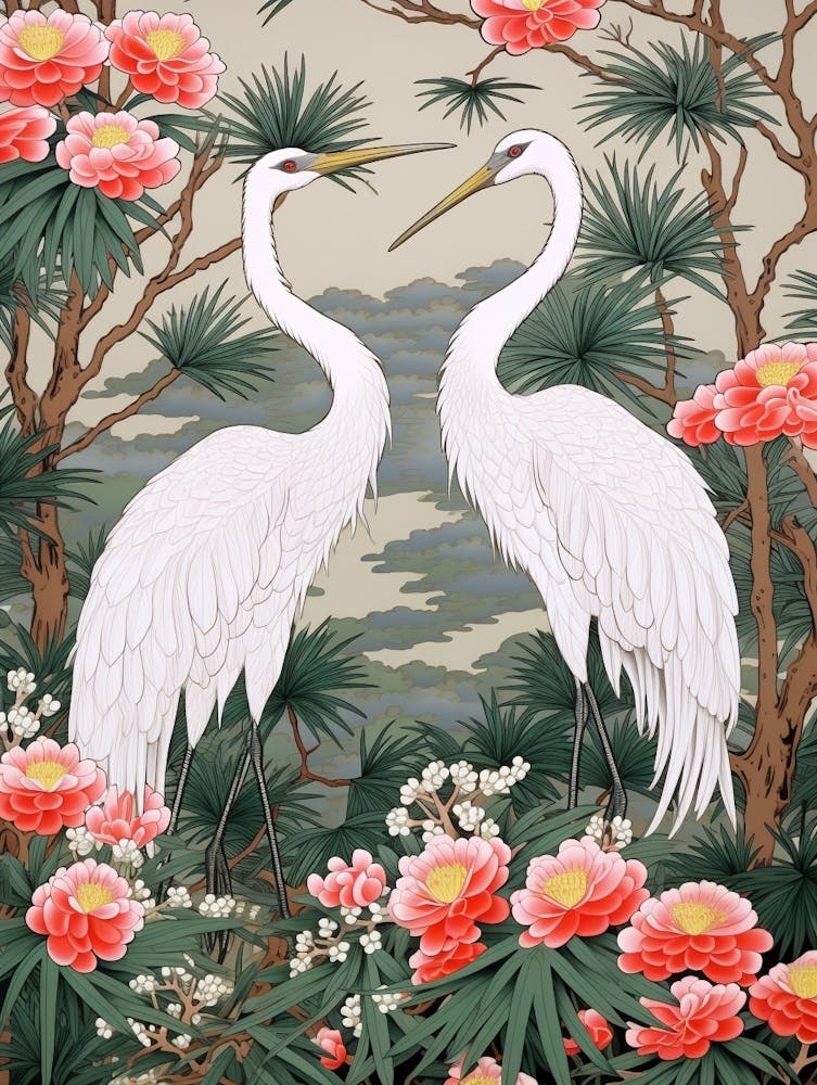 Lily And Cranes Vintage Japanese Botanical