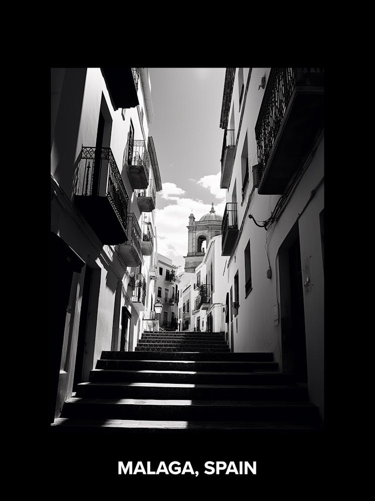 Poster Of Malaga, Spain, Mediterranean Black And White Photography Analogue 3