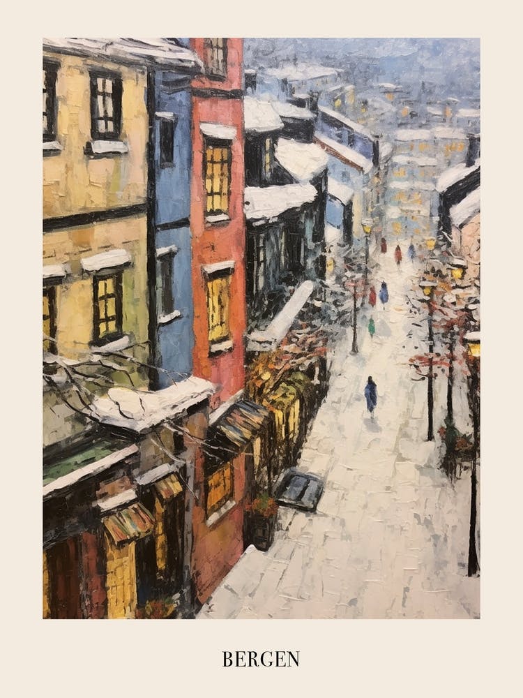 Vintage Winter Painting Poster Bergen Norway