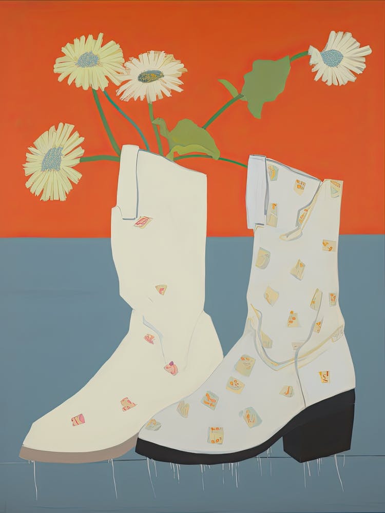 A Painting Of Cowboy Boots With Daisies Flowers, Pop Art Style 6