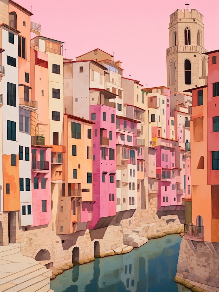 Girona Spain 4 Vintage Pink Travel Illustration