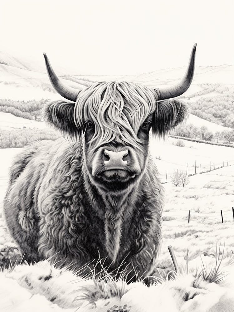 Snowy Highland Cow Stippling Illustration