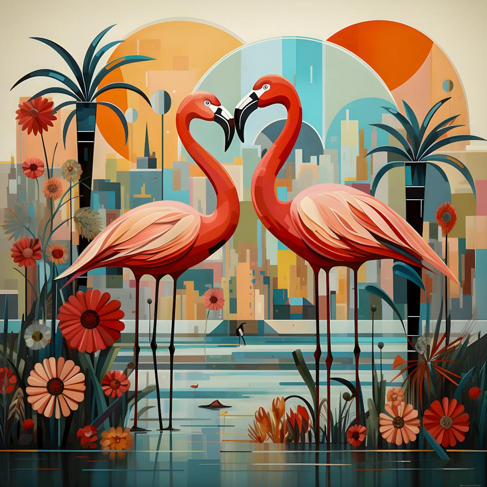 Flamingos in Urban Oasis – Modern Tropical Art with Geometric Design