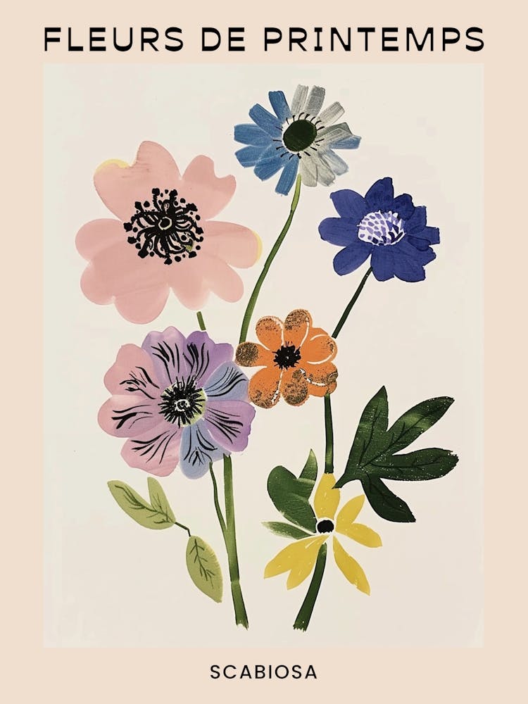 Spring Floral French Poster  Scabiosa 2