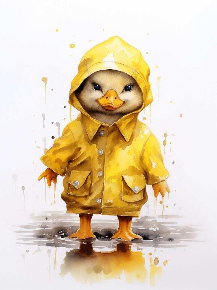 Duckling In A Yellow Rain Coat Watercolour 2