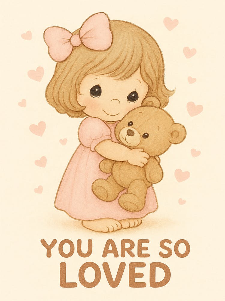 Du bist so geliebt Wandkunst – Niedliches Mädchen und Teddybär Kinderzimmerdruck, Weiche Pastell Babyzimmer Deko, Inspirierendes Baby Zitat Poster
