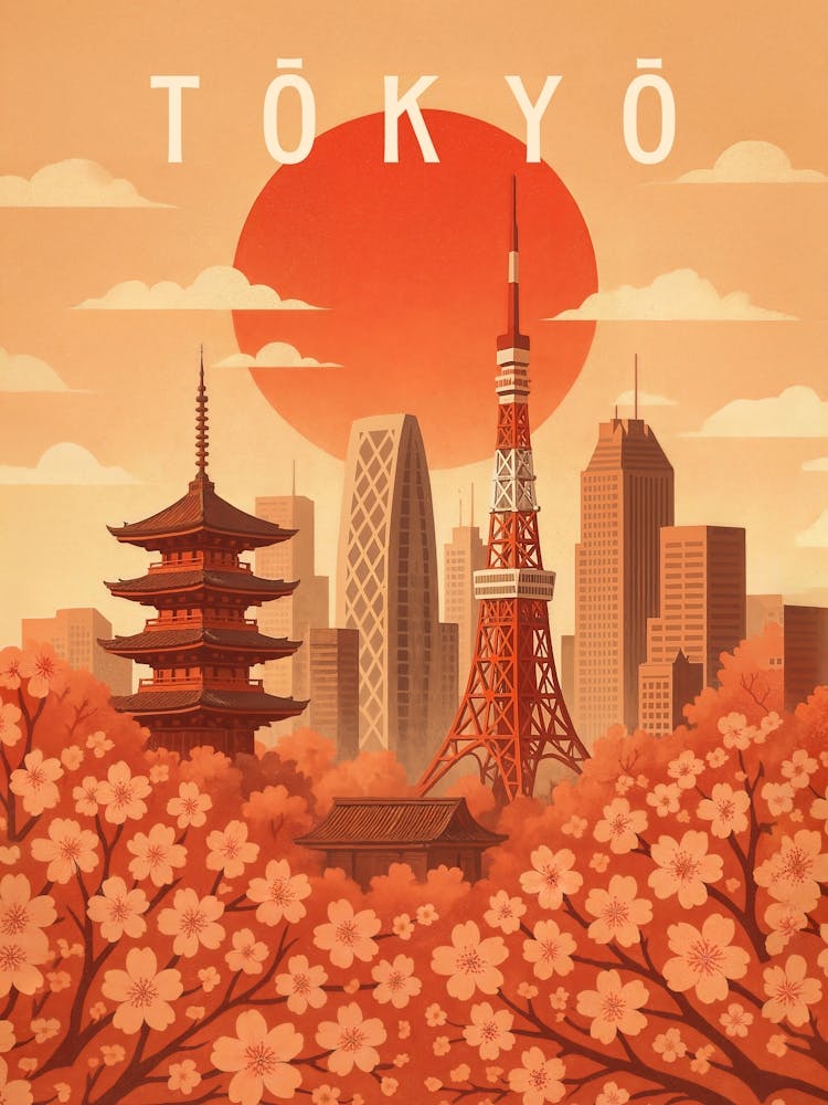 Tokyo Travel Poster Japan – Cherry Blossoms & Neon Skyline: Tokyo’s modern skyline meets spring’s soft sakura in this stunning travel poster. Featuring Tokyo Tower, cherry trees, and a red sun – a perfect blend of Japanese tradition and futuristic energy.
