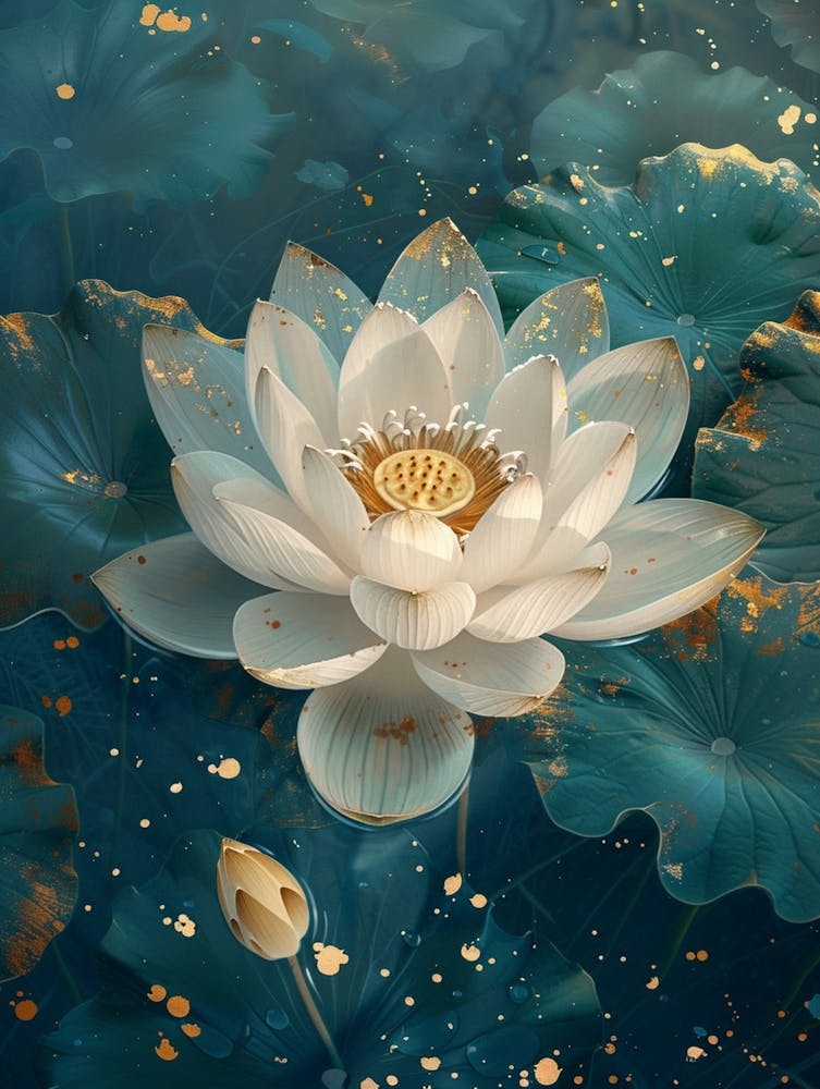 Flower In The Style Of Light Aquamarine And Gold, Nene Thomas, Gauzy Atmospheric Landscapes, Xiaofei Yue, Dark Teal And Light White, Aykut Aydogdu, Graceful