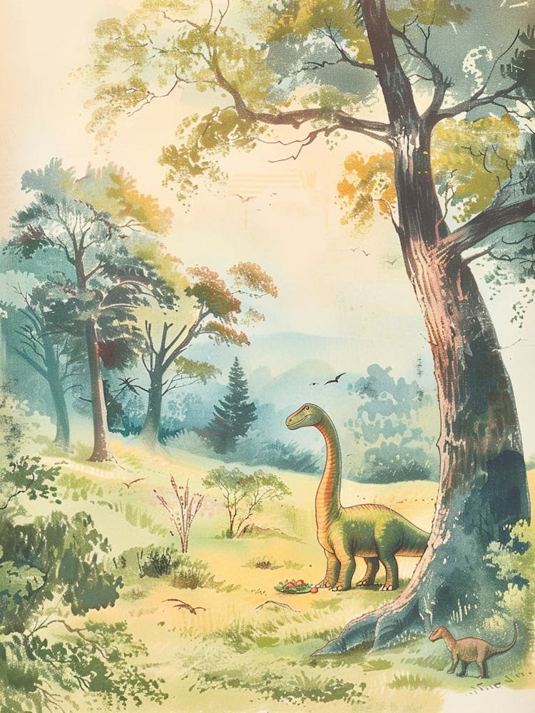 Dinosaur In The Meadow Vintage Storybook Painting