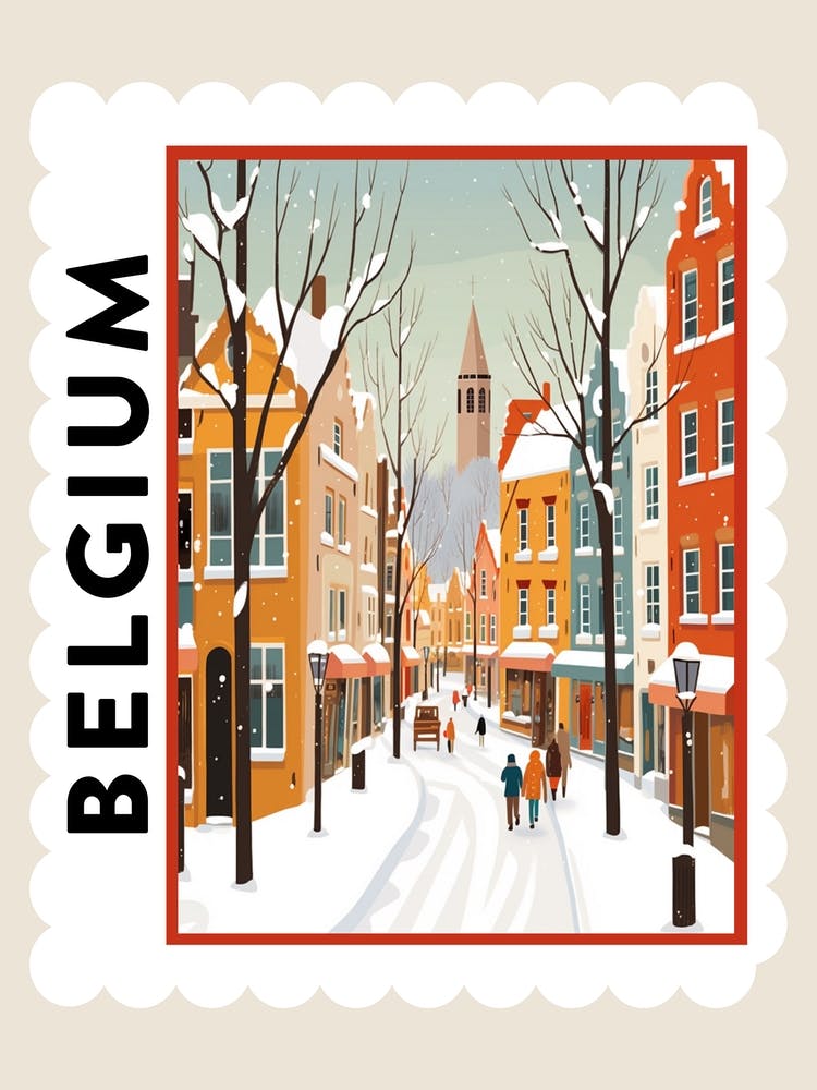 Retro Winter Stamp Poster Bruges Belgium 3