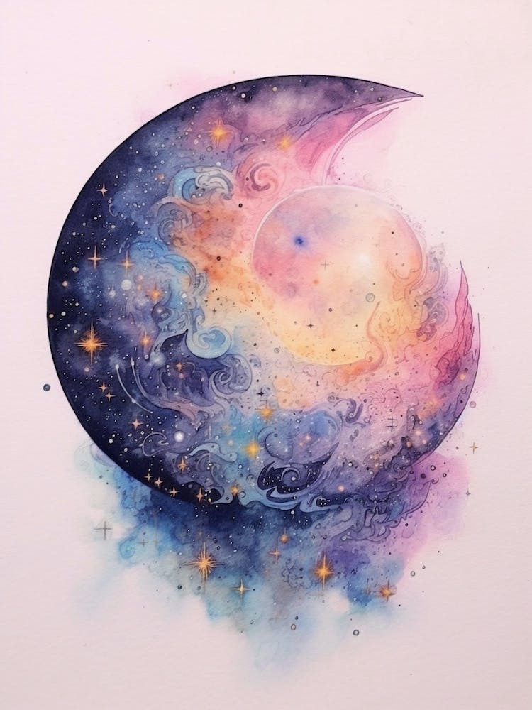 Galaxy With Moon Watercolour Celestial 4