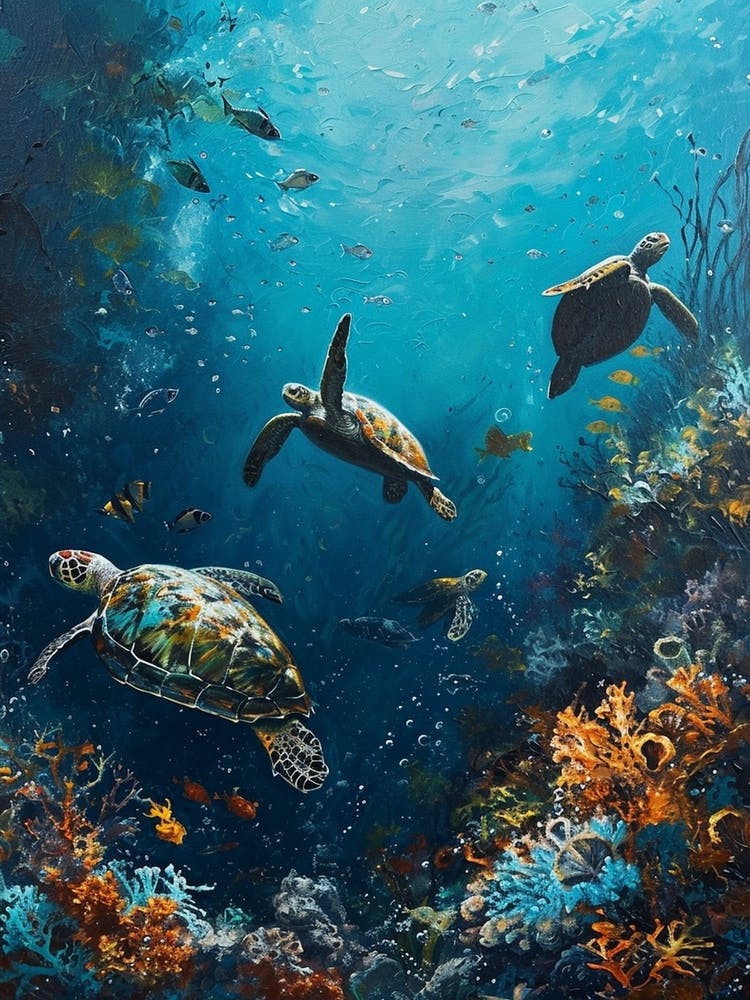 Sea Turtles With A Coral Reef Expressionism Style Painting 11
