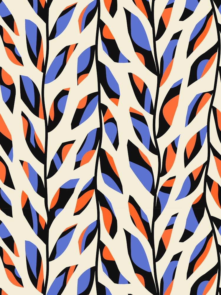 Climbing Paper Cut Leafy Vine - Blue, Orange, Cream, Black