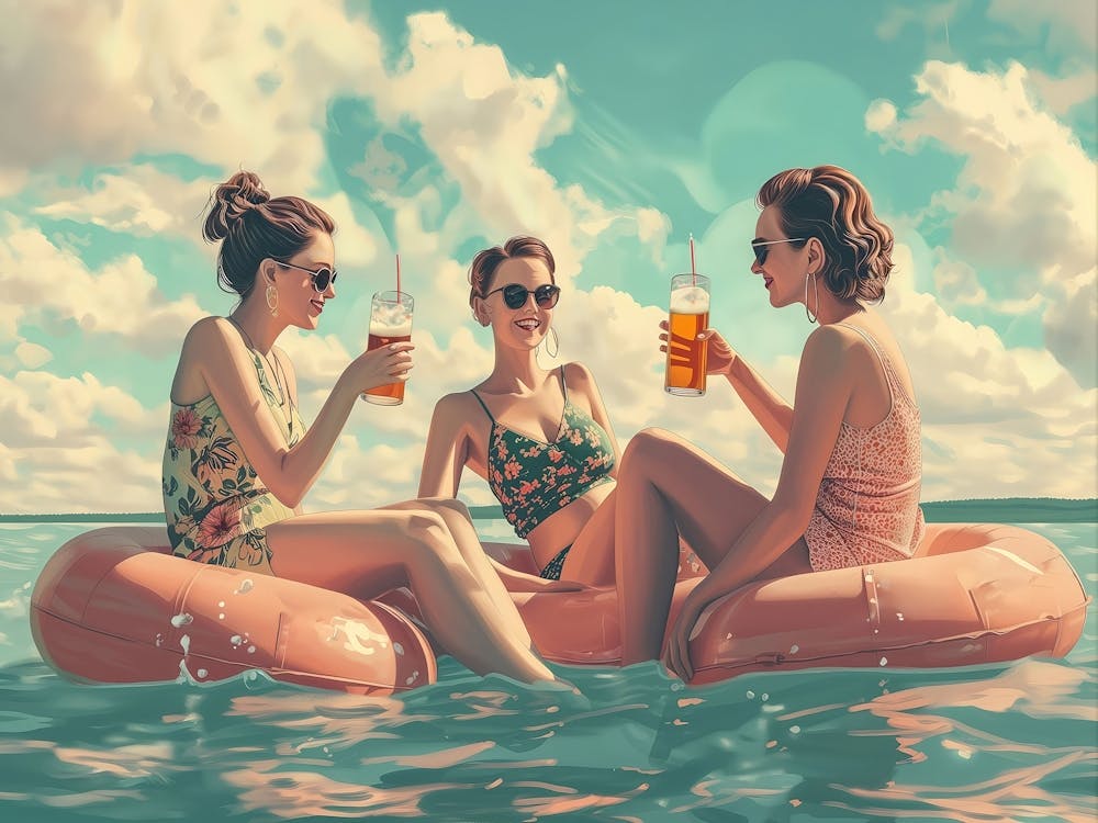 Women Drinking Beer On Water Art, Drinking Beer On Lake Print, Retro Wall Art, Girls On Floaties Having Fun Poster, Best Friends Wall Decor