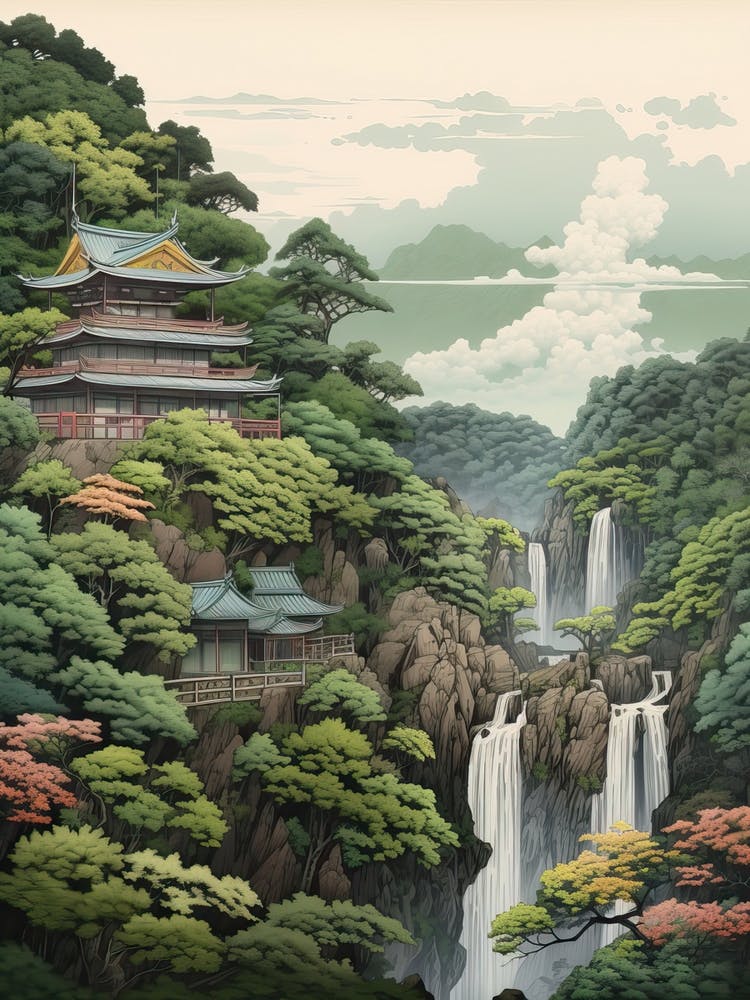 Nachi Falls In Wakayama, Ukiyo E Drawing 1
