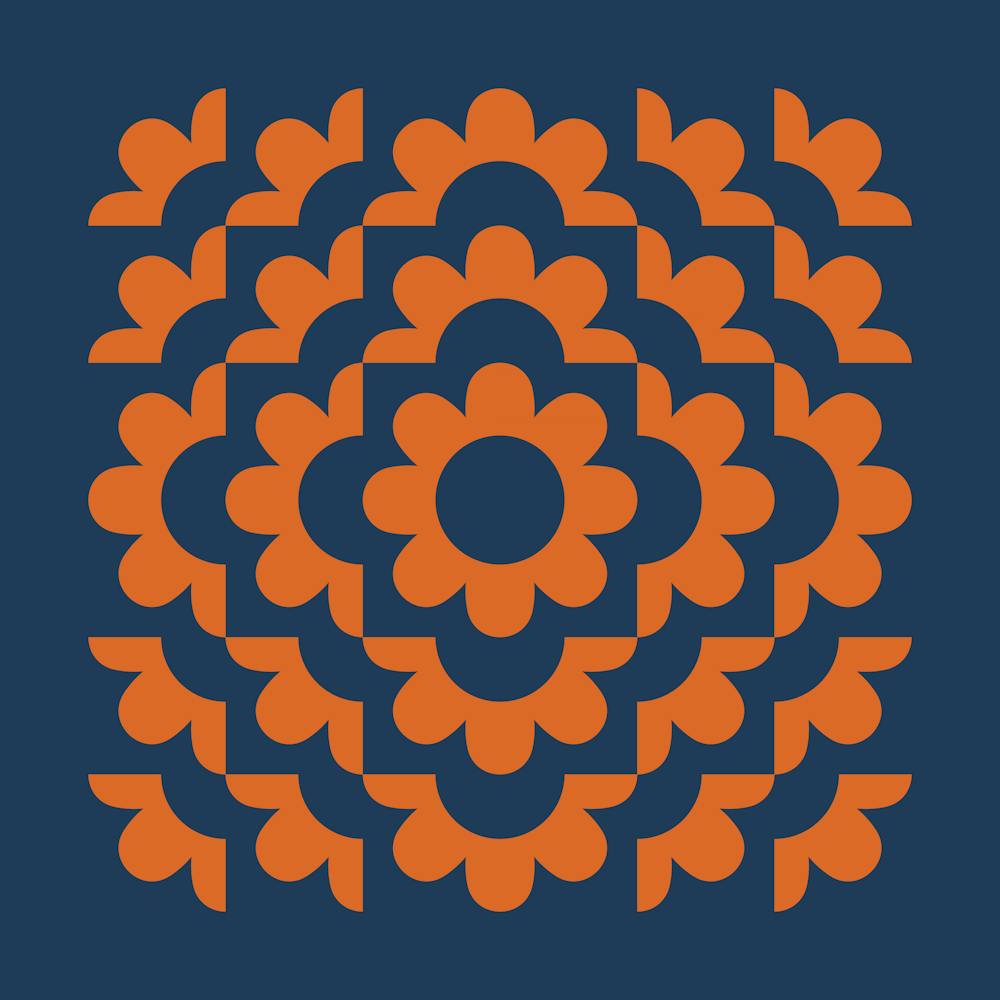 Midcentury Modern Abstract Geometric Flower Pattern Floral in Navy Blue and Burnt Orange 1