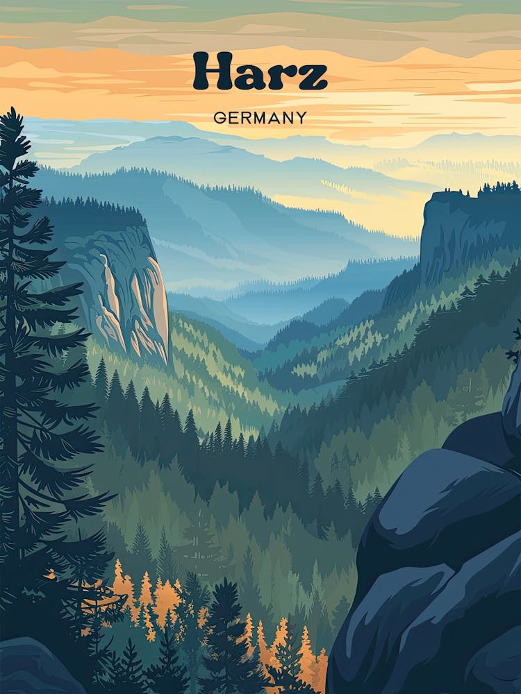 Harz Mountains Germany Ski Travel Art Illustration