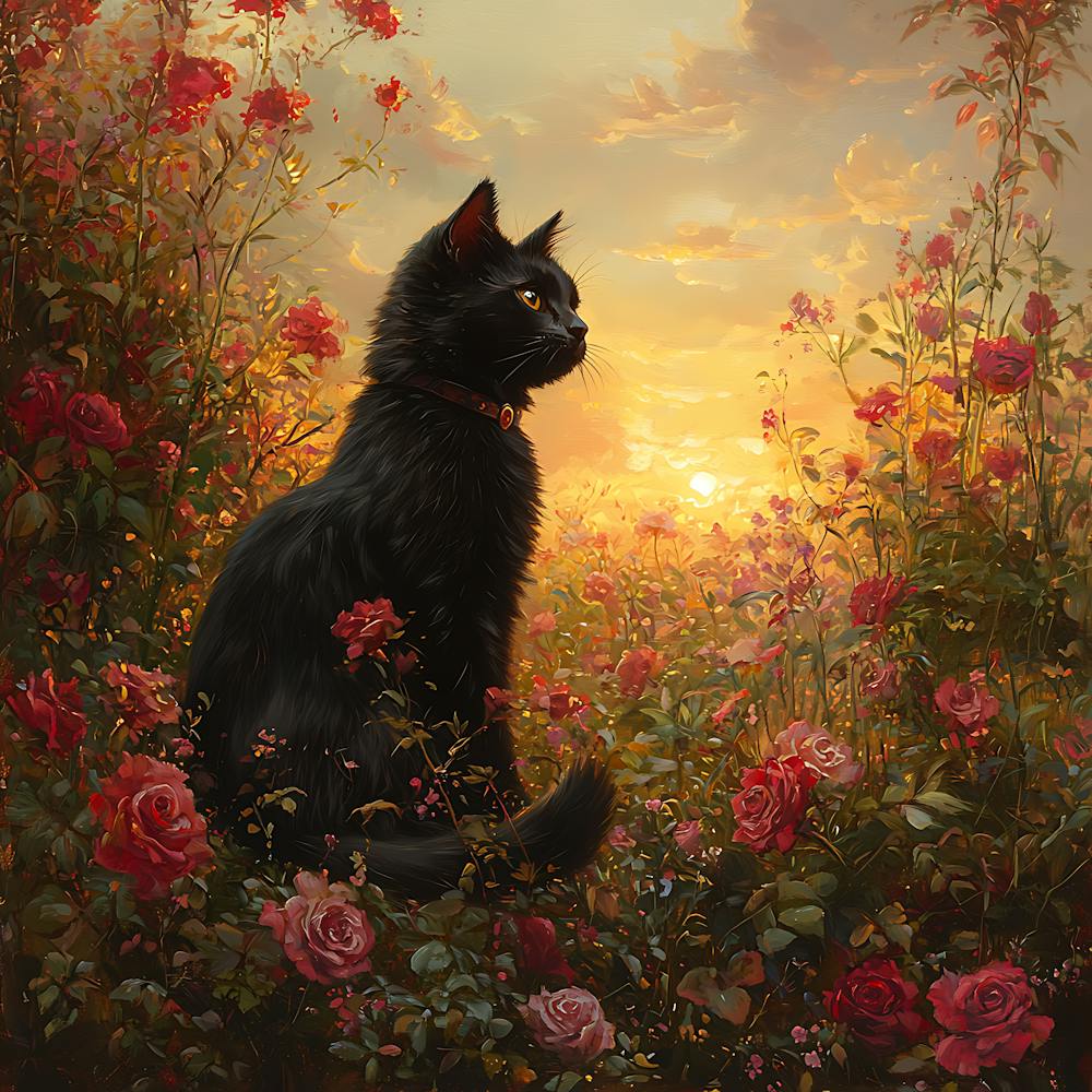 Black Cat in a Floral Sunset Garden 12