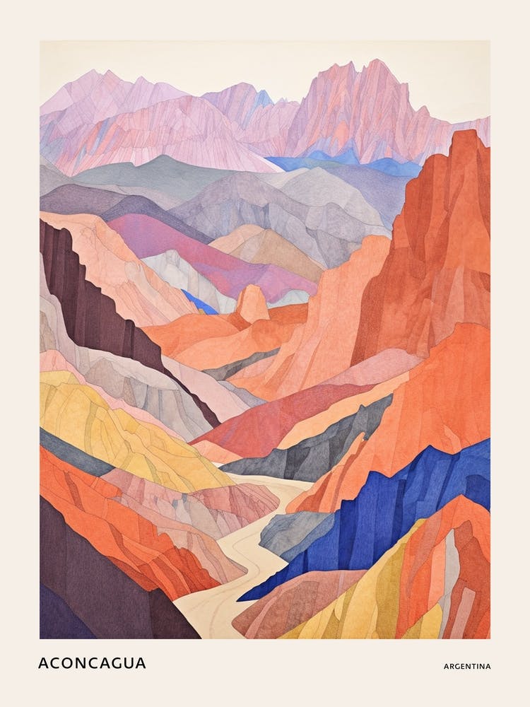 Aconcagua Argentina 2 Colourful Mountain Illustration Poster