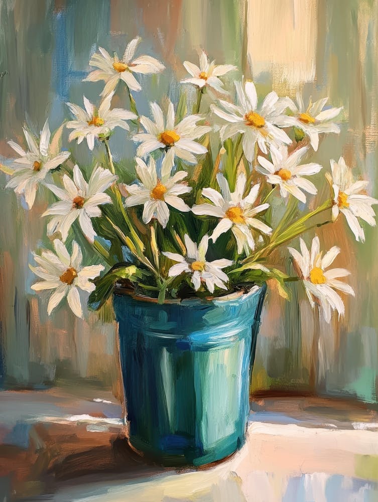 Daisies In A Blue Pot