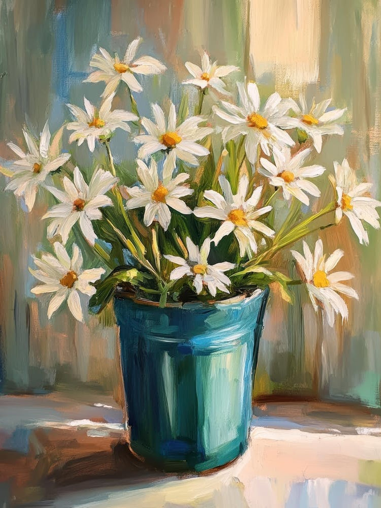 Daisies In A Blue Pot