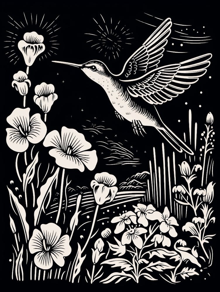B&W Bird Linocut Hummingbird 1
