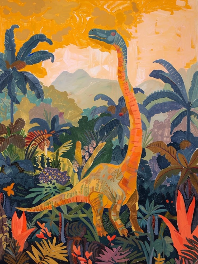 Colourful Warm Tones Dinosaur In The Jungle Painting