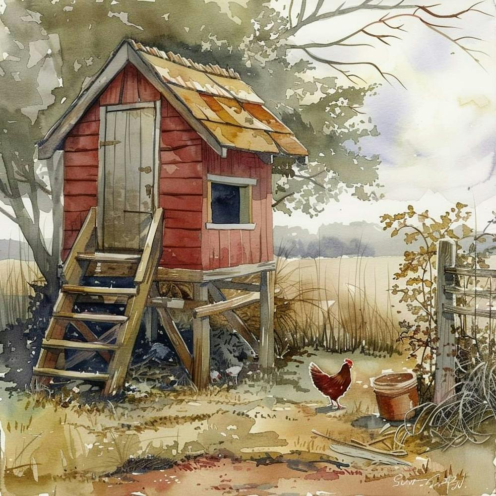 Poulailler à la Ferme Aquarelle~ Americana Décoration d'Art Vintage Saine | Idyllique Rêveur