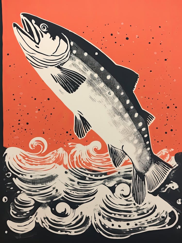 Salmon, Woodblock Animal  Drawing 2