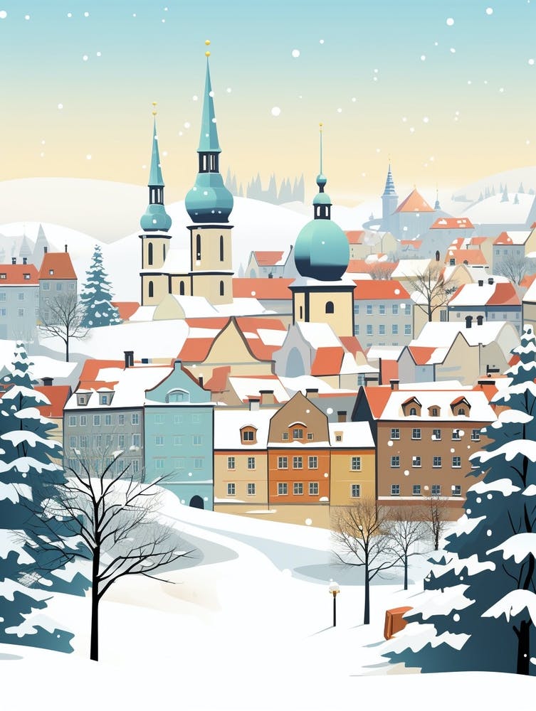 Retro Winter Illustration Prague Czech Republic