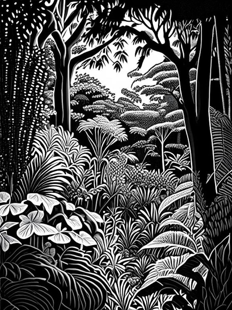 Singapore Botanic Gardens, 1, Singapore Linocut Black And White Vintage